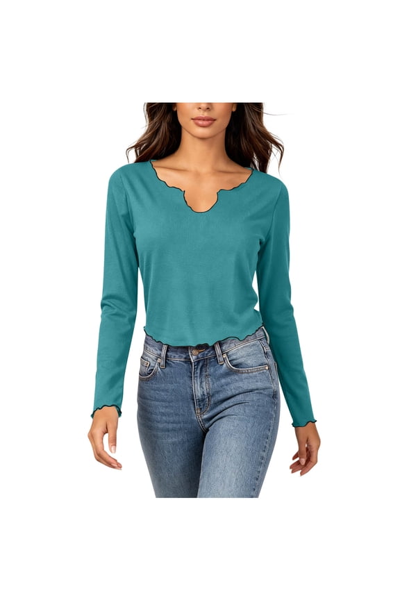 Women Scalloped Lettuce Edge Knit Tops, Notch V Neck Solid Long Sleeve Fitted Cropped Tees, Spring Fall Stretchy High Waist Matching Casual Blouses(Green,XS)