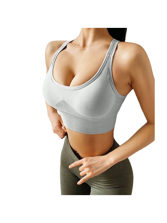Women Seamless Racerback Sports Bra, U-Neck Longline Yoga Tank Top, Wireless Removable Pads Workout Bralette, High Elasticity Breathable Activewear Underwear (Gray,S)