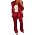 thumbnail image 1 of Floleo Women Shiny Satin Lapel Long Sleeve Blazer Elastic High Waist Straight Pocket Pants 2 Piece Elegant Business Party Matching Suit Set, 1 of 5
