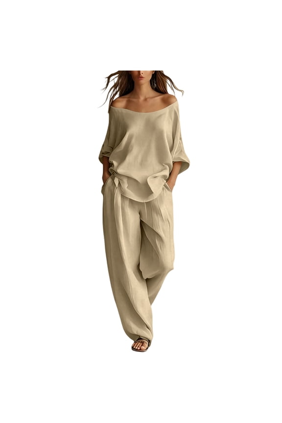 Women Off Shoulder Batwing Sleeve Tie Side Oversized Top Elastic Waist Wide Leg Pants Two Piece Set for Spring Summer Vacation Daily Dating Casual Outfits(Khaki,S)