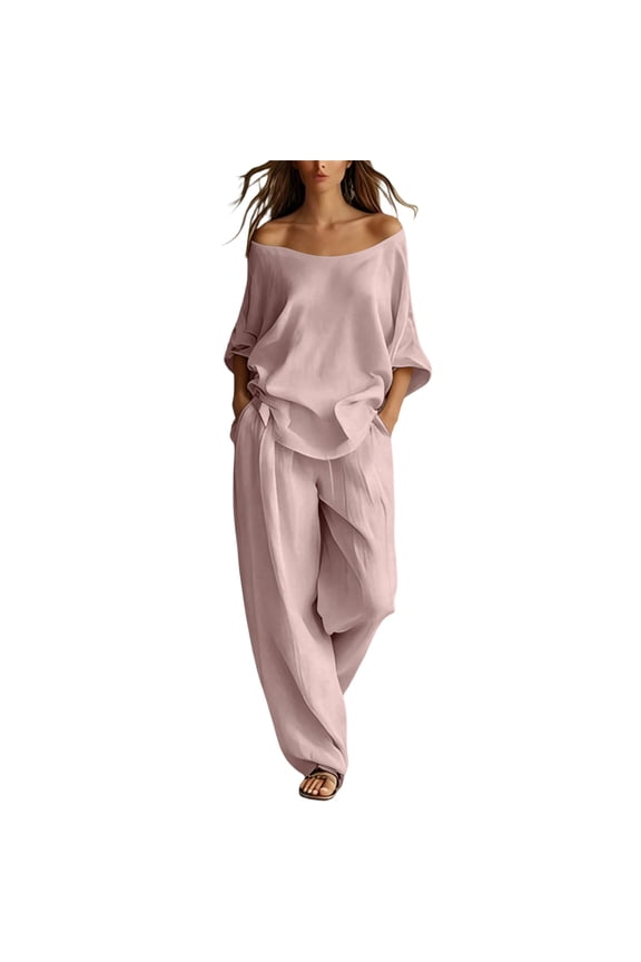 Women Off Shoulder Batwing Sleeve Tie Side Oversized Top Elastic Waist Wide Leg Pants Two Piece Set for Spring Summer Vacation Daily Dating Casual Outfits(Pink,S)