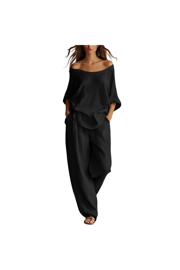 Women Off Shoulder Batwing Sleeve Tie Side Oversized Top Elastic Waist Wide Leg Pants Two Piece Set for Spring Summer Vacation Daily Dating Casual Outfits(Black,M)