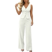 Floleo Women Sleeveless V Neck Button Vest High Waist Wide Leg Straight Pants 2 Piece Business Formal Matching Suit Set