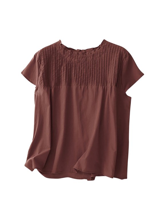 Women Solid Color Reversible Button Down Pleated Top Round Neck Casual Comfortable 1/4 Sleeve Daily Wear Homewear Fashion Soft Breathable 2 Way Plan(Wine,L)