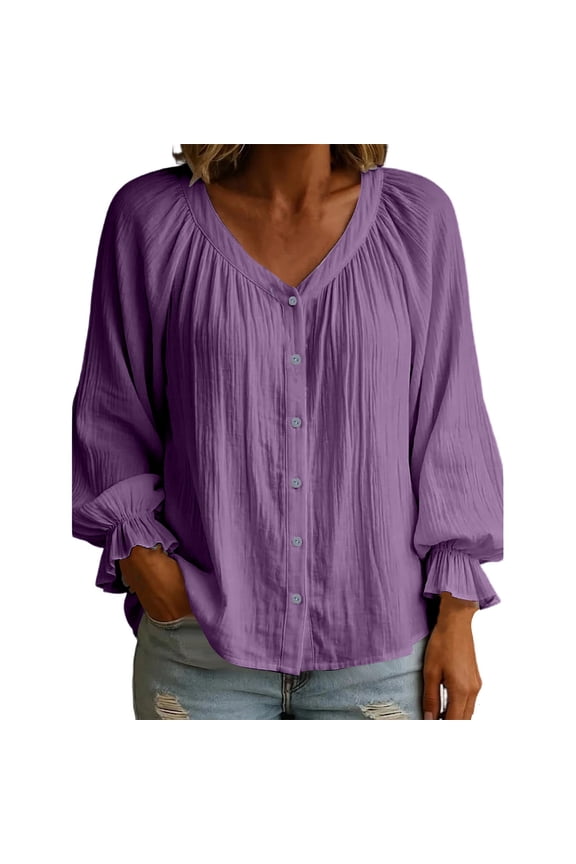 Women Solid Crinkle Cotton Linen Blouse, V Neck Gathered Bust Puff Long Sleeve Ruffle Cuff Button Front Loose Casual Top (Purple,S)