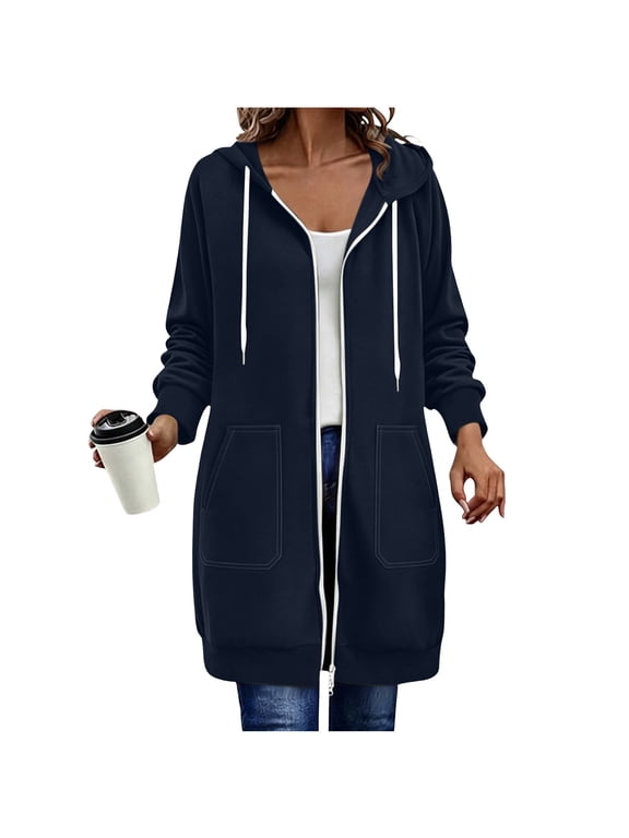 Women Solid Drawstring Hooded Full Zip Long Length Sweatshirt Jacket Dual Big Side Pockets Soft Fleece Casual Tunic Outerwear Top(Navy,M)