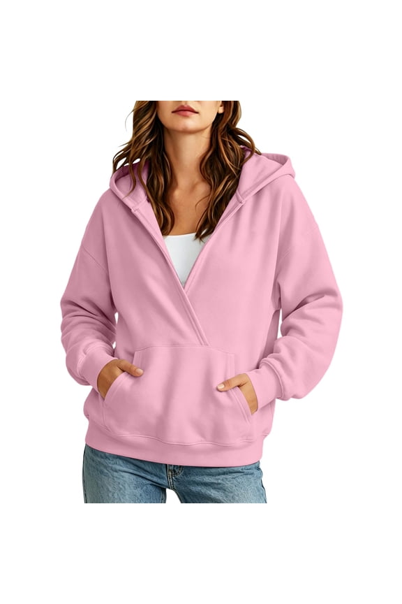 Women Solid Drawstring Hooded Wrap V Neck Drop Shoulder Long Sleeve Loose Pullover Sweatshirt with Front Kangaroo Pocket Casual Daily Top(Pink,S)