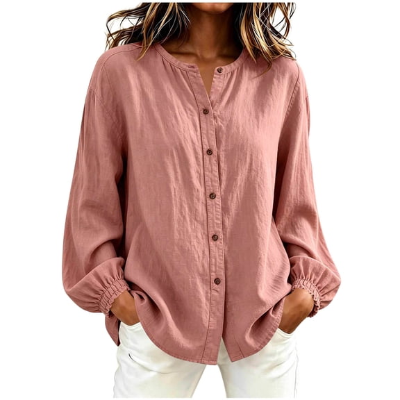 Floleo Women Solid Imitation Linen Long Sleeve Blouse, Ladies Mandarin Collar Button Front Shirt, Elastic Cuff Loose Curved Hem Pocket Top, Breathable Minimalist Office Daily Casual Wear (Pink,XL)
