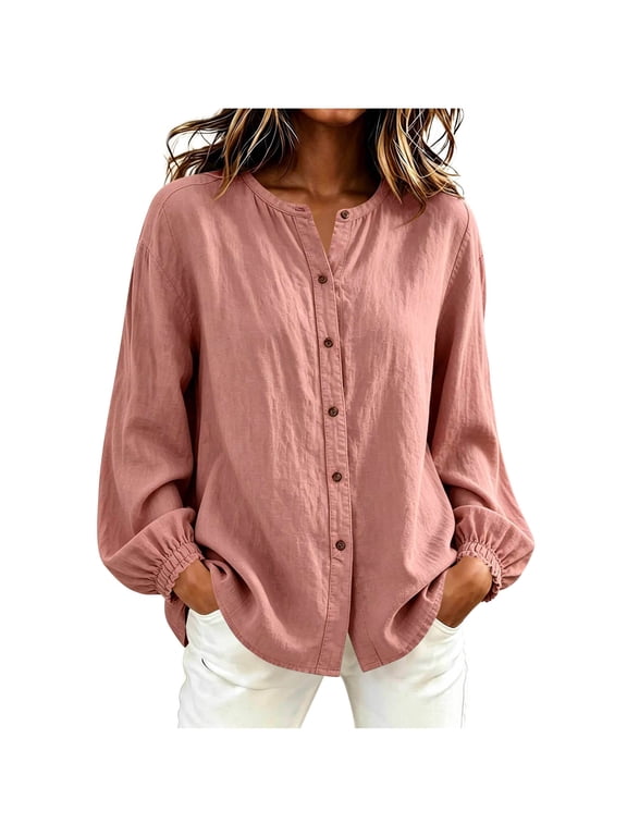 Women Solid Imitation Linen Long Sleeve Blouse, Ladies Mandarin Collar Button Front Shirt, Elastic Cuff Loose Curved Hem Pocket Top, Breathable Minimalist Office Daily Casual Wear (Pink,XL)