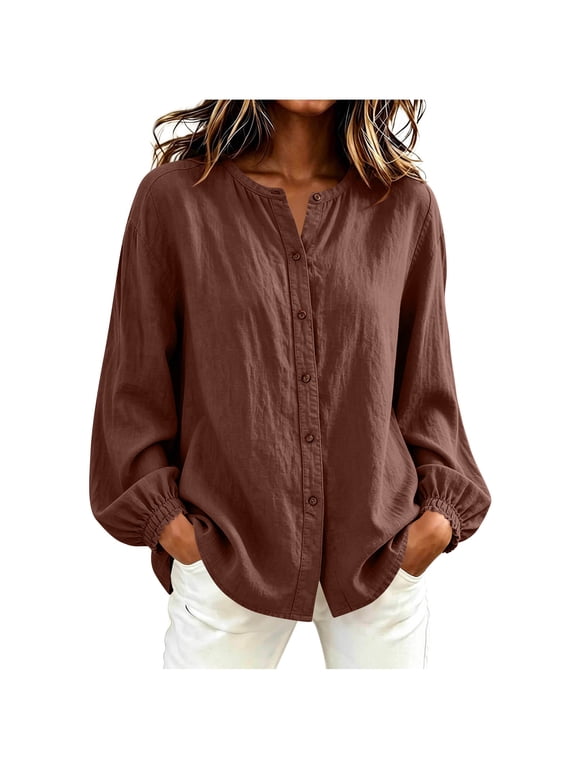 Women Solid Imitation Linen Long Sleeve Blouse, Ladies Mandarin Collar Button Front Shirt, Elastic Cuff Loose Curved Hem Pocket Top, Minimalist Office Daily Casual Wear (Coffee,3XL)