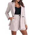 thumbnail image 1 of Floleo Women Solid Lapel Double Breasted Long Sleeve Blazer High Waist Pleated Shorts 2 Piece Linen Look Suit Set, 1 of 9
