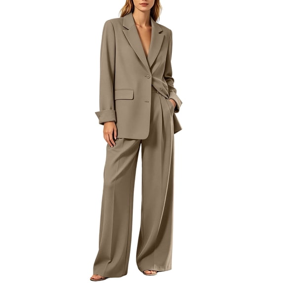 Floleo Women Solid Lapel Single Button Blazer Jacket High Waist Pleated Wide Leg Pants 2 Piece Business Suit Set