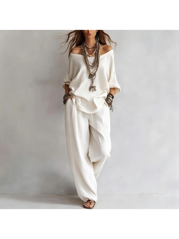 Women Solid Off Shoulder Batwing Sleeve Loose Top High Waist Draped Wide Leg Pants 2 Piece Boho Vacation Matching Outfit Set