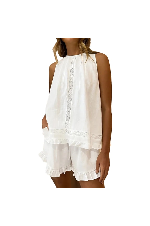 Women Solid Round Neck Lace Cutout Sleeveless Tank Top Ruffle Hem Wide Leg Shorts 2 Piece Faux Linen Vacation Matching Outfit Set