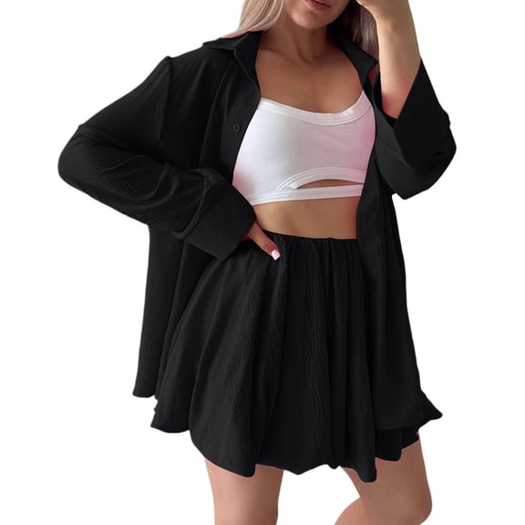 Floleo Women Solid Two Piece Co Ord Outfits, Turn Down Collar Button Down Long Sleeve Oversized Shirt High Waist Double Layer Ruffle Shorts Casual Matching Suit (Black,M)