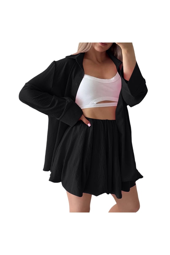 Women Solid Two Piece Co Ord Outfits, Turn Down Collar Button Down Long Sleeve Oversized Shirt High Waist Double Layer Ruffle Shorts Casual Matching Suit (Black,M)