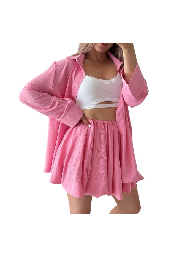 Women Solid Two Piece Co Ord Outfits, Turn Down Collar Button Down Long Sleeve Oversized Shirt High Waist Double Layer Ruffle Shorts Casual Matching Suit (Pink,M)