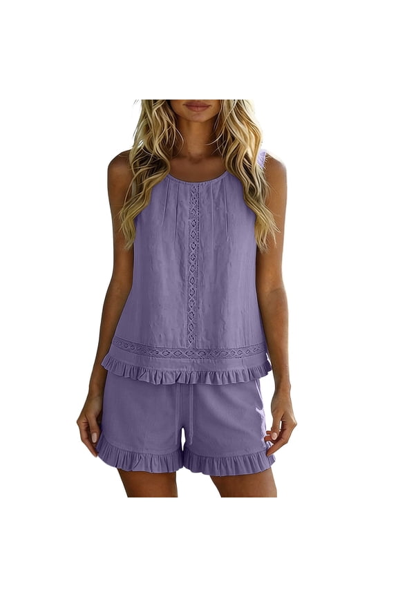 Women Solid Two Piece Outfit Sleeveless Lace Eyelet Ruffle Hem Tank Top and Loose Shorts Casual Daily Matching Set