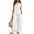 thumbnail image 1 of Floleo Women Solid Two Piece Outfit V Neck Sleeveless Button Vest Top High Waist Faux Linen Wide Leg Pants Summer Matching Set, 1 of 6