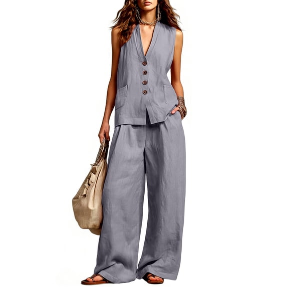 Floleo Women Solid Two Piece Outfit V Neck Sleeveless Button Vest Top High Waist Faux Linen Wide Leg Pants Summer Matching Set