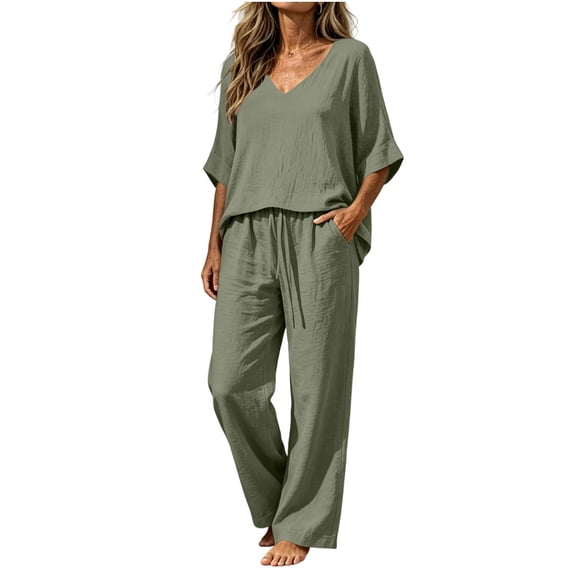 Floleo Women Solid V-Neck 3/4 Sleeve High-Low Faux Linen Top Drawstring Waist Wide Leg Pants 2 Piece Loungewear Set