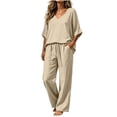 thumbnail image 1 of Floleo Women Solid V-Neck 3/4 Sleeve High-Low Faux Linen Top Drawstring Waist Wide Leg Pants 2 Piece Loungewear Set, 1 of 7