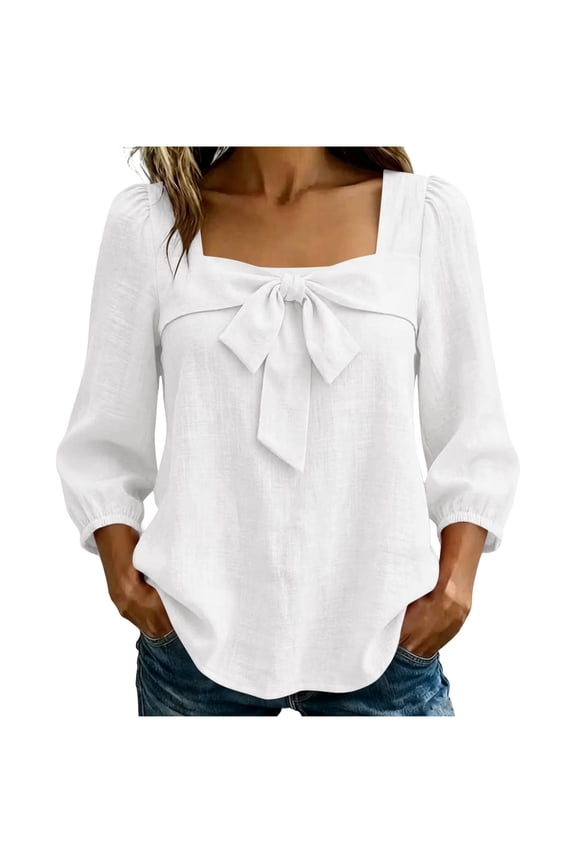 Women Square Neck Front Bow Knot 3/4 Puff Sleeve Blouses, Crinkled Linen Look Loose Curved Hem Tops, Solid Breathable Lightweight Spring Summer Office Daily Casual Tunics(White,M)