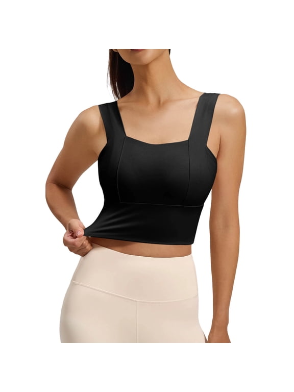 Women Square Neck Longline Sports Bra, Wide Strap Seamless Workout Tank, Removable Pads Yoga Top, High Elasticity Slim-Fit Breathable Activewear Underwear (Black,XL)