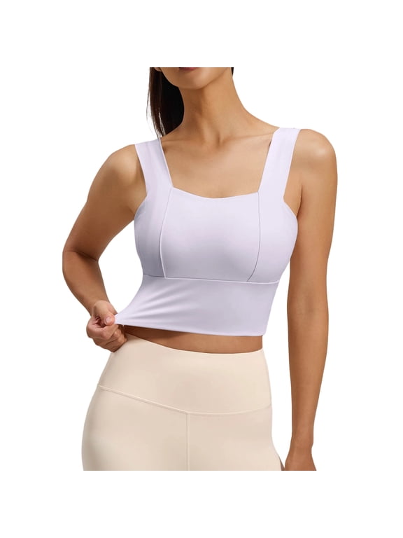 Women Square Neck Longline Sports Bra, Wide Strap Seamless Workout Tank, Removable Pads Yoga Top, High Elasticity Slim-Fit Breathable Activewear Underwear (Purple,M)