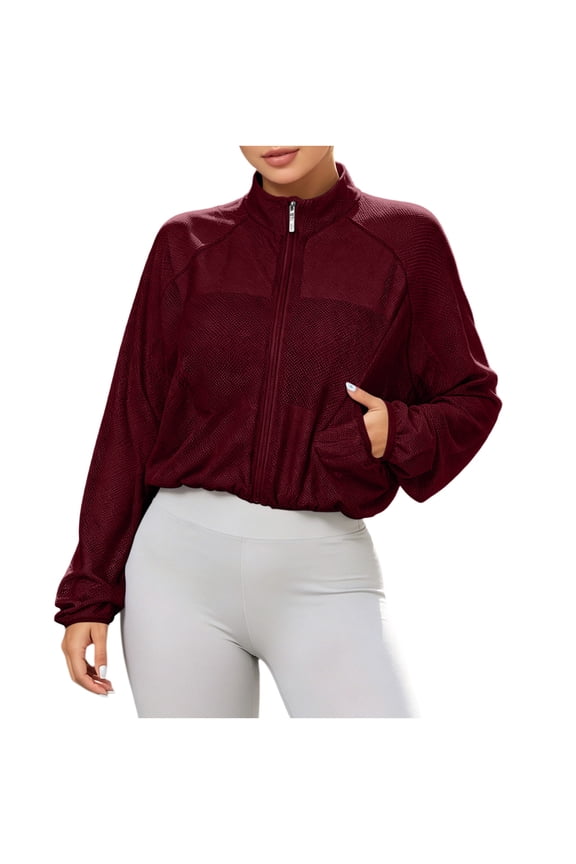 Women Stand Collar Full Zip Mesh Cropped Athletic Jacket, Ladies Long Sleeve Side Pocket Lightweight Sun Protection Sports Cardigan For Spring Summer Daily Workout (Wine,S)