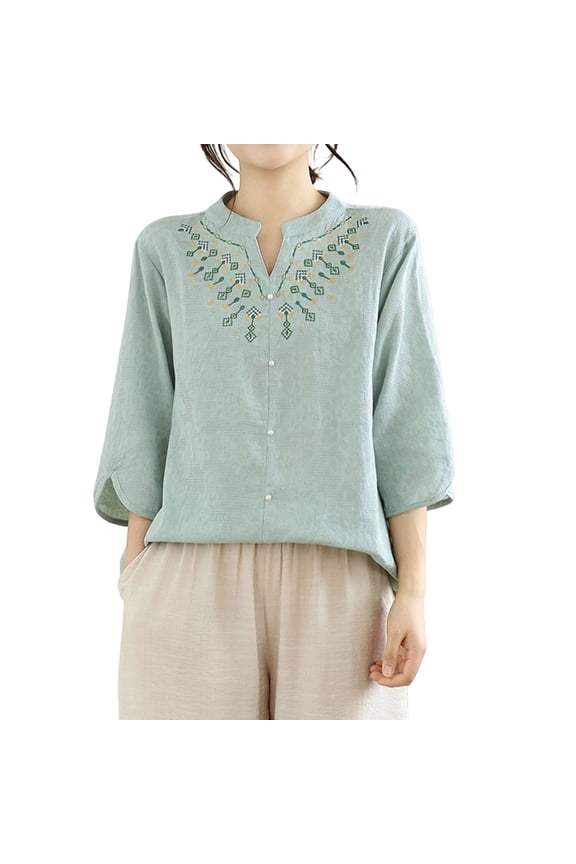 Women Stand Notch V Neck Geometric Embroidery 3/4 Puff Sleeve Button Down Blouse, Ladies Textured Solid Loose Linen-Like Casual Top, Vacation Daily Shirt(Light Blue,M)