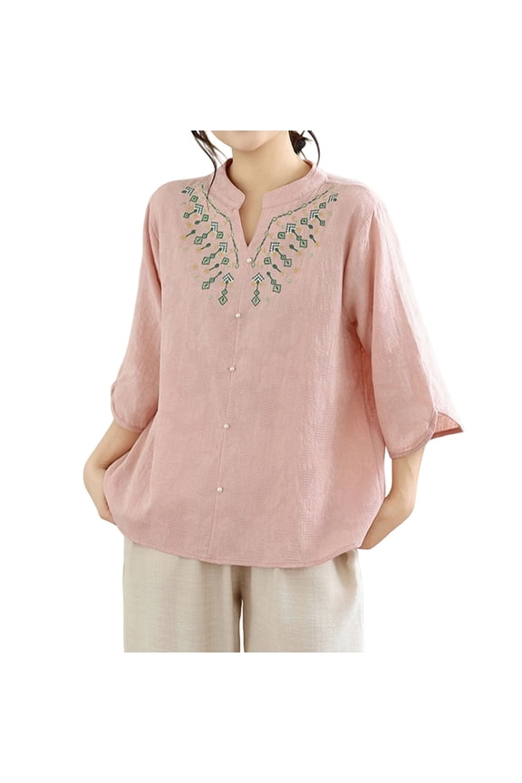 Women Stand Notch V Neck Geometric Embroidery 3/4 Puff Sleeve Button Down Blouse, Ladies Textured Solid Loose Linen-Like Casual Top, Vacation Daily Shirt(Pink,M)