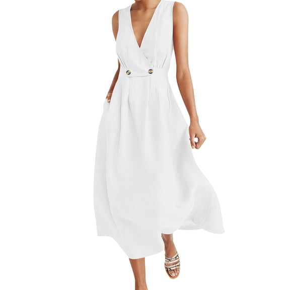 Floleo Women Summer Solid Color Button V Neck Dress Sleeveless Round Neck Flowy Knee Length Comfortable Breathable Casual Beach Vacation Party Versatile(White,XL)