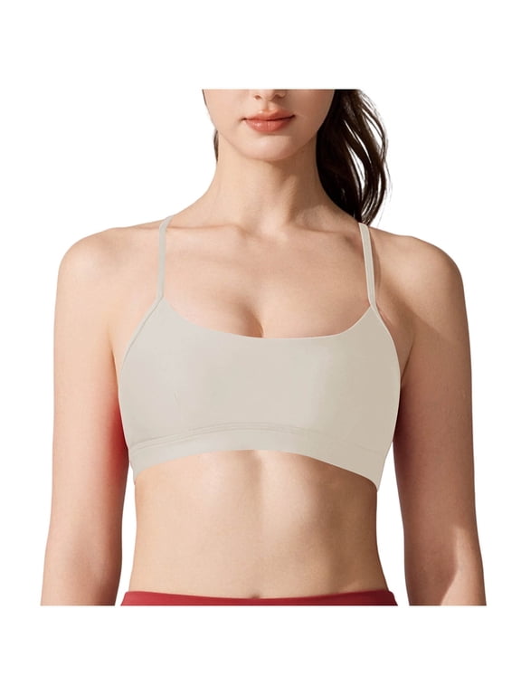 Women Thin Strap U-Neck Sports Bra, Wireless Removable Pads Yoga Tank Top, Light Support Everyday Activewear Underwear (Beige,XL)