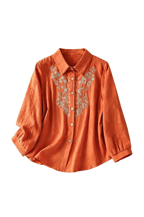 Women Turn Down Collar Floral Embroidery 3/4 Sleeve Button Down Shirt, Ladies Textured Solid Loose Blouse, Soft Breathable Spring Summer Literary Daily Vacation Casual Top (Orange,L)