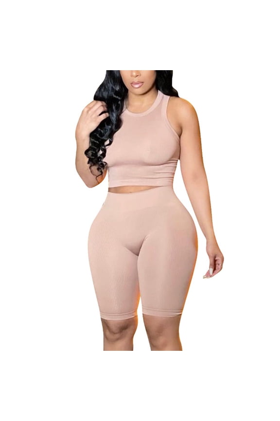Women Two Piece Athletic Outfit Sets, Ladies Matching Workout Two-Piece Suits, Crew Neck Sleeveless Ribbed Crop Top Outfits, High Waist Tight Biker Short Coordinating Clothing Sets (Beige,S)