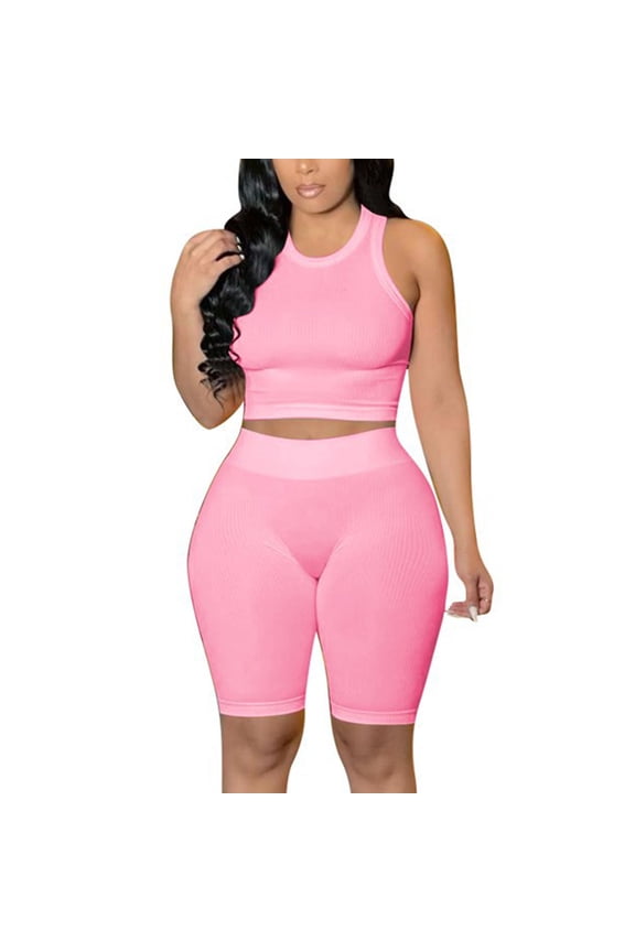 Women Two Piece Athletic Outfit Sets, Ladies Matching Workout Two-Piece Suits, Crew Neck Sleeveless Ribbed Crop Top Outfits, High Waist Tight Biker Short Coordinating Clothing Sets (Pink,S)