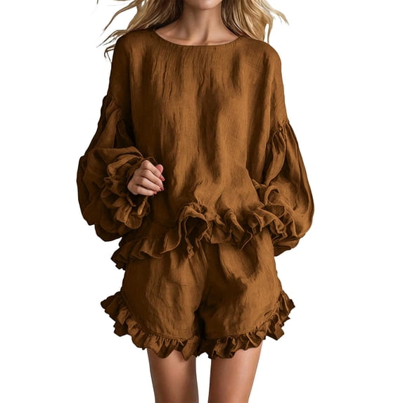 Floleo Women Two Piece Matching Outfit, Women Casual Coordinate Separates, Round Neck Puff Ruffle Long Sleeve Top Ruffle Hem Shorts, Solid Color Summer Beach Vacation Daily Outfit(Brown,L)
