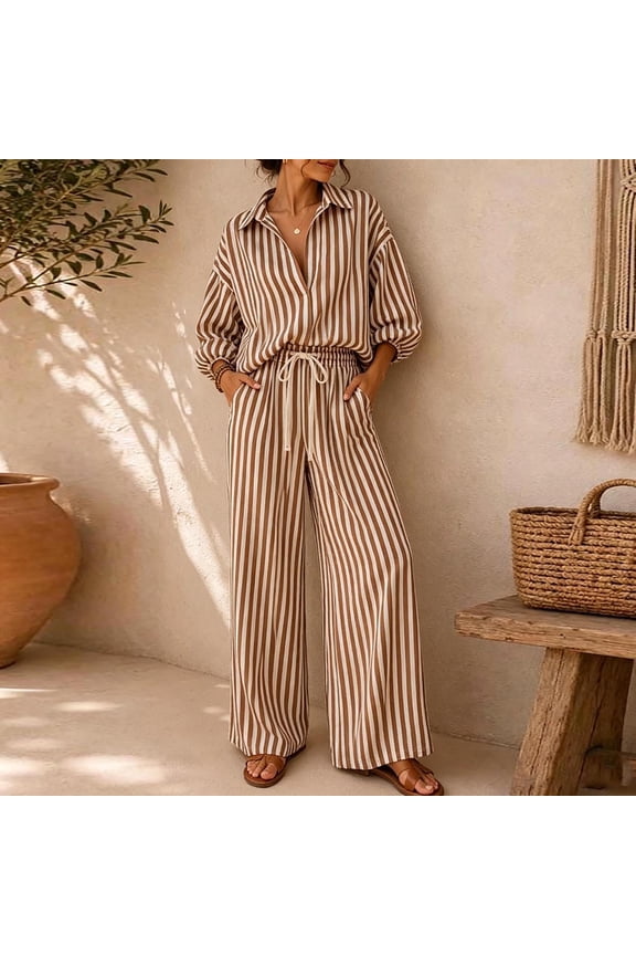 Women Vertical Striped Two Piece Co Ord Outfits, Turn Down Collar Button Front 3/4 Sleeve Shirt Drawstring Elastic Waist Wide Leg Full Length Pants Casual Matching Suit (Khaki,2XL)