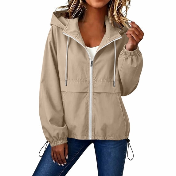 Floleo Women Water Resistant Hooded Zip Up Jacket Half High Collar Drawstring Waist Casual Outdoor Coat with Pockets for Fall Spring