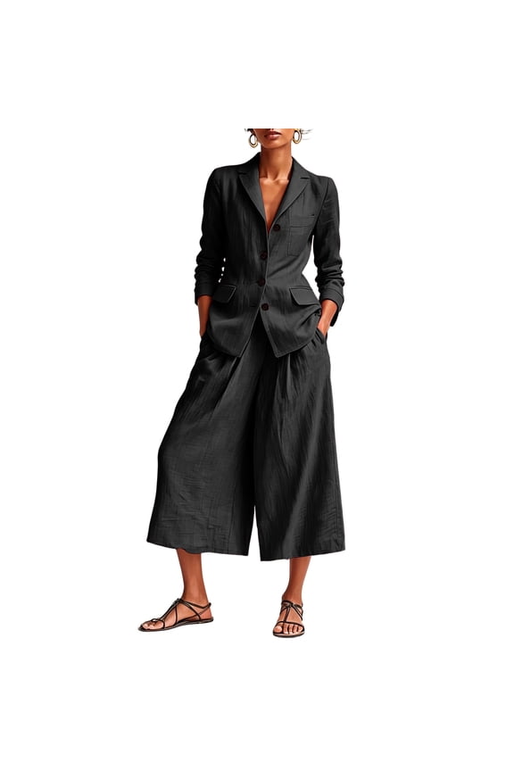 Women's 2-Piece Linen Blend Outfit Set V-Neck Button Front Blazer and Wide Leg Cropped Pants Casual Workwear Set for Spring Summer(Black,S)