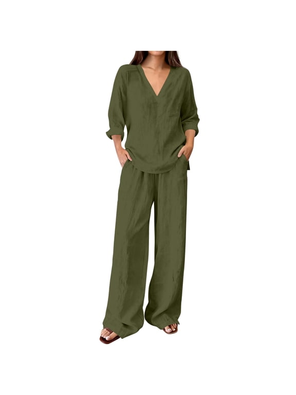 Women's 2-Piece Linen Blend Outfit Set V-Neck Roll Tab Sleeve Top & Elastic Waist Wide Leg Pants Casual Summer Co-Ord Set with Pockets(Army Green,M)