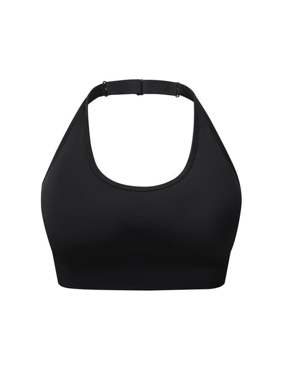 Women's Backless Halter Sports Bra, Adjustable Neck Strap, Longline Wireless Nylon Yoga Bralette (Black,L)