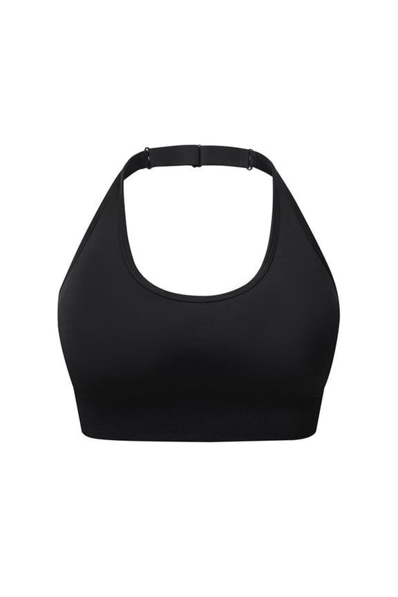 Women's Backless Halter Sports Bra, Adjustable Neck Strap, Longline Wireless Nylon Yoga Bralette (Black,S)