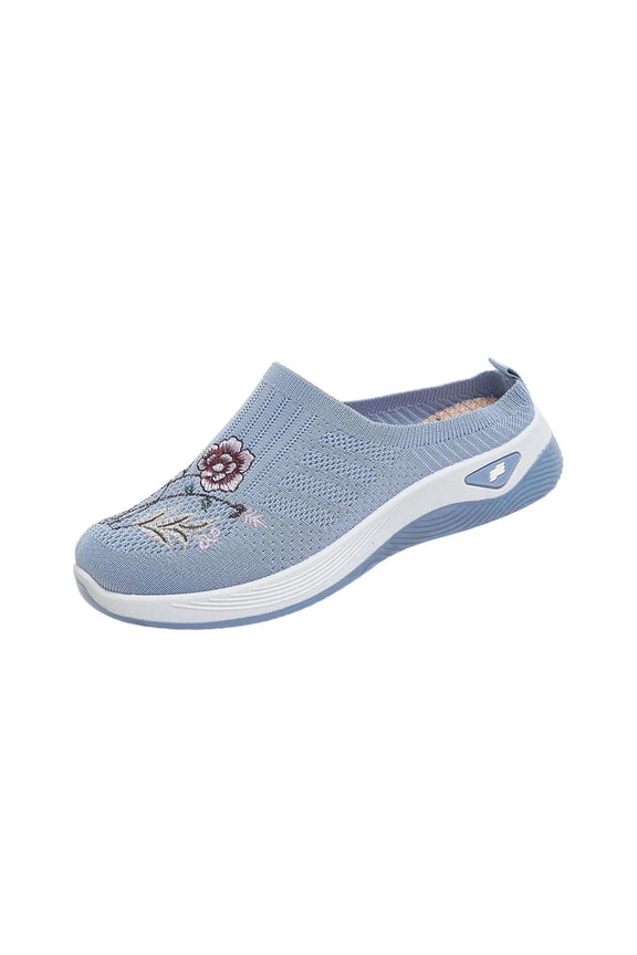 Women's Backless Slip On Floral Embroidery Knit Mule Sneakers, Breathable Mesh Wedge Sole Casual Daily Walking Footwear(Light Blue,8.5)