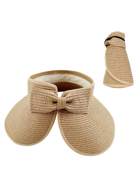 Women's Bow Straw Sun Visor Hat Empty Top Wide Brim Beach Cap Uv Protection Foldable Summer Golf Hat Breathable Ponytail Friendly Outdoor Sun Hat(Khaki,Free Size)