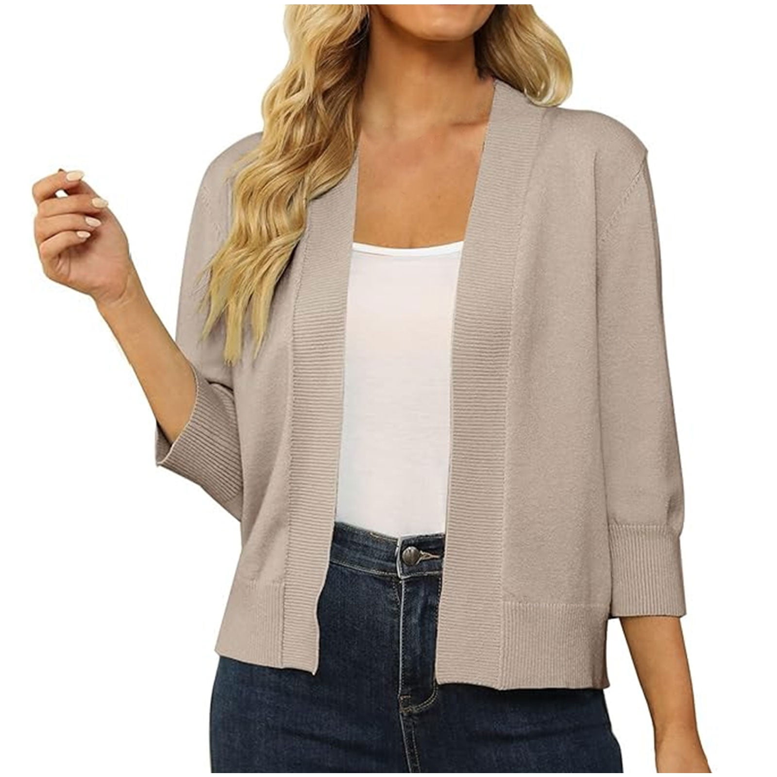 YnimioAOX Women's Lightweight Cardigan - 3/4 Sleeve, Open Front, Cropped Ruffled Kimono Style