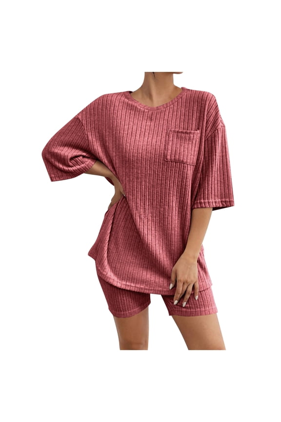 Women's Casual Ribbed Short Sleeved Round Neck Shirt and Shorts Set Suitable for Daily Wear in Spring and Summer Dating Parties Work Vacations 4 Seasons 2-Piece Set(Red,S)