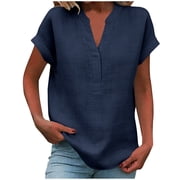 Floleo Womens Casual V-Neck Shirt Loose Summer Spring Short Sleeved Top Soft and Breathable Versatile for Daily Use Suitable for Office Exercise Street ShoppingNavy,2XL
