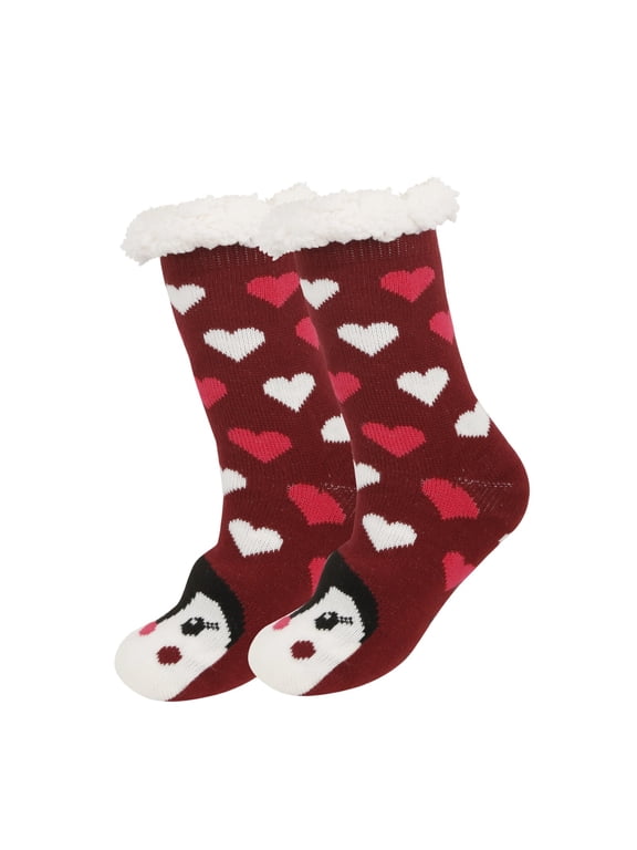 Women's Christmas Penguin Fleece Lined Floor Socks Thick Warm Winter Thermal Indoor Stockings with Cute Heart Pattern and Textured Grips for Holiday Home Comfort